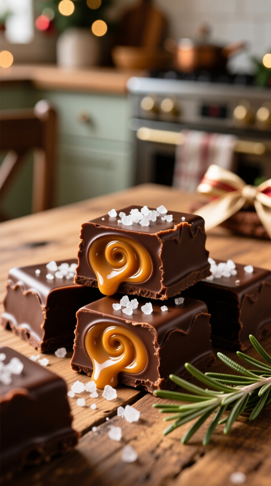 Gourmet Salted Caramel Chocolate Fudge Squares, Rich Caramel Swirls, Flaky Sea Salt, On Rustic Wood Table, Inviting Holiday Treat.
