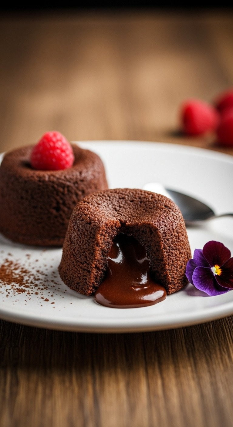Gourmet Vegan Chocolate Lava Cakes, One With Oozing Dark Chocolate Center, On White Plate With Cocoa &Amp; Raspberry, Golden Light.