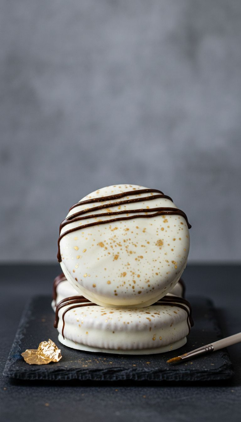 Gourmet White Chocolate Dipped Oreos With Gold Luster Dust Speckles And Dark Chocolate Drizzle On Black Slate. Elegant.