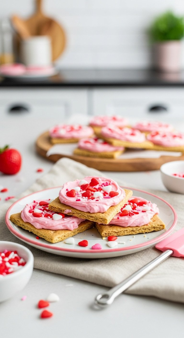 Graham Cracker Squares With Pink Frosting, Heart Candies &Amp; Sprinkles On A Colorful Plate, Bright Light. Fun Valentine's Treats.