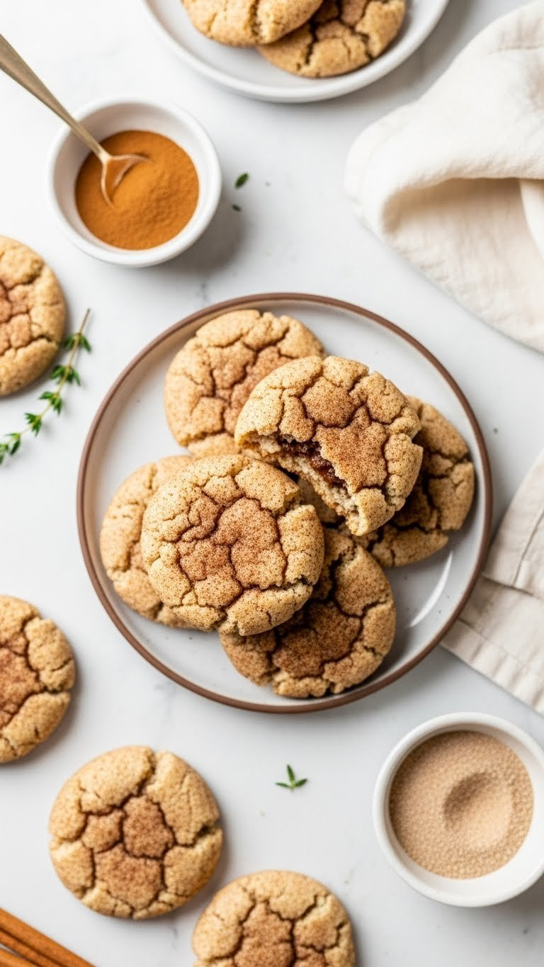 Grain-Free Almond Flour Snickerdoodles With Cinnamon Sugar Coating Arranged On Light Marble Countertop