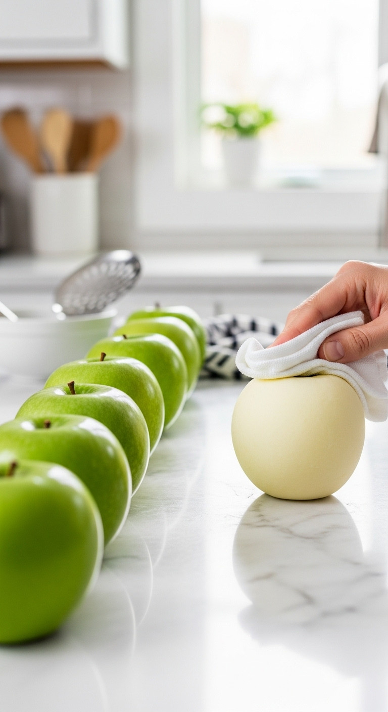 Granny Smith Apples Being Dried On A Marble Counter For Caramel Dipping Prep
