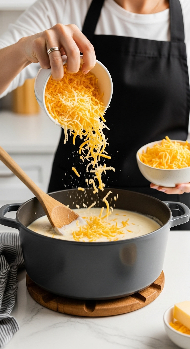 Grated Cheddar &Amp; Gruyère Cheese Melting Into Creamy Béchamel Sauce In A Dutch Oven. Key Step For Homemade Mac And Cheese.