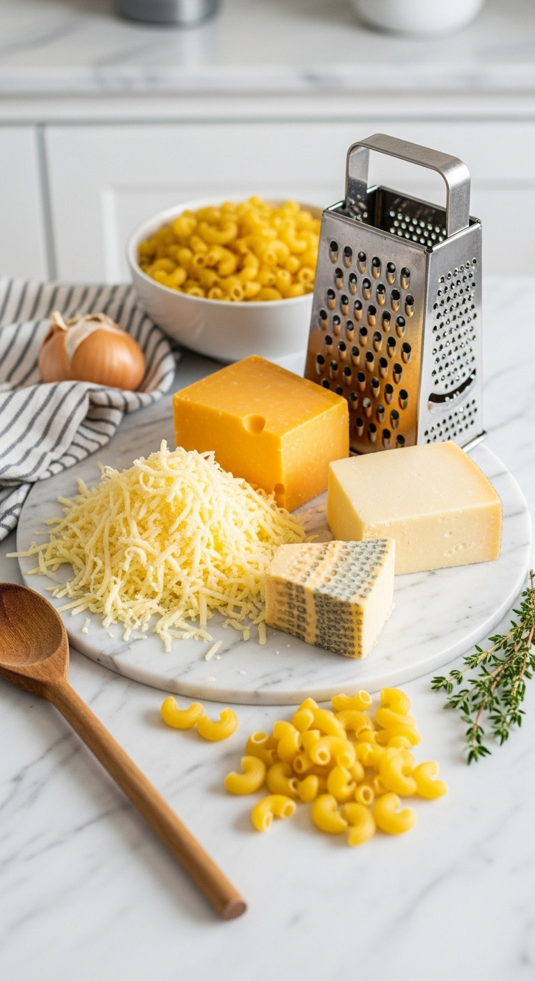 Grated Cheddar And Gruyère Cheese, Blocks, Elbow Macaroni, Grater On White Marble Kitchen Counter. Mac And Cheese Recipe Ingredients.