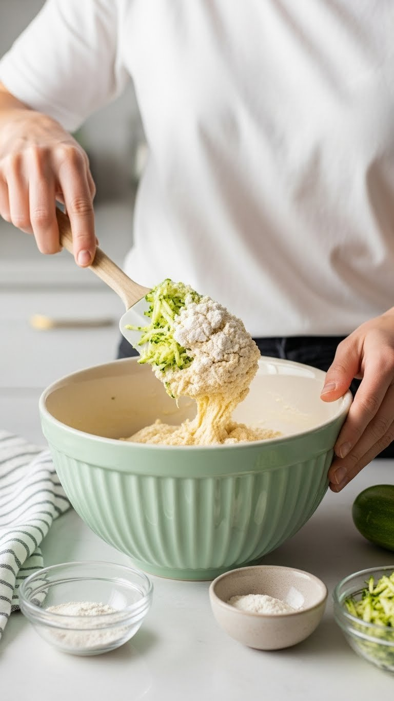 Grated Zucchini And Flour Mixture Being Folded Into Wet Batter With Silicone Spatula In Mixing Bowl
