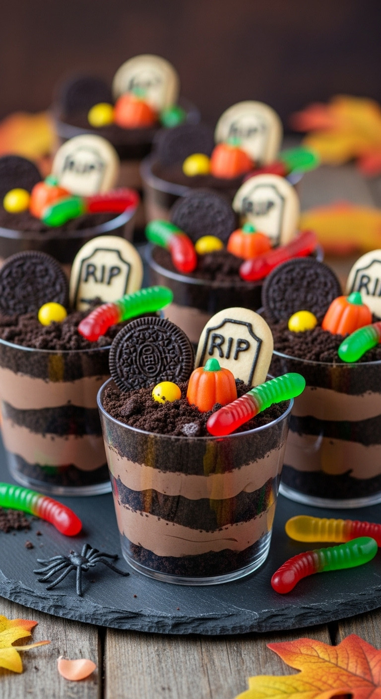 Graveyard Dirt Cups: Chocolate Pudding, Oreo 'Dirt', Gummy Worms, Candy Pumpkins, And Cookie Gravestones On A Slate Platter. Ideal Halloween Treat.