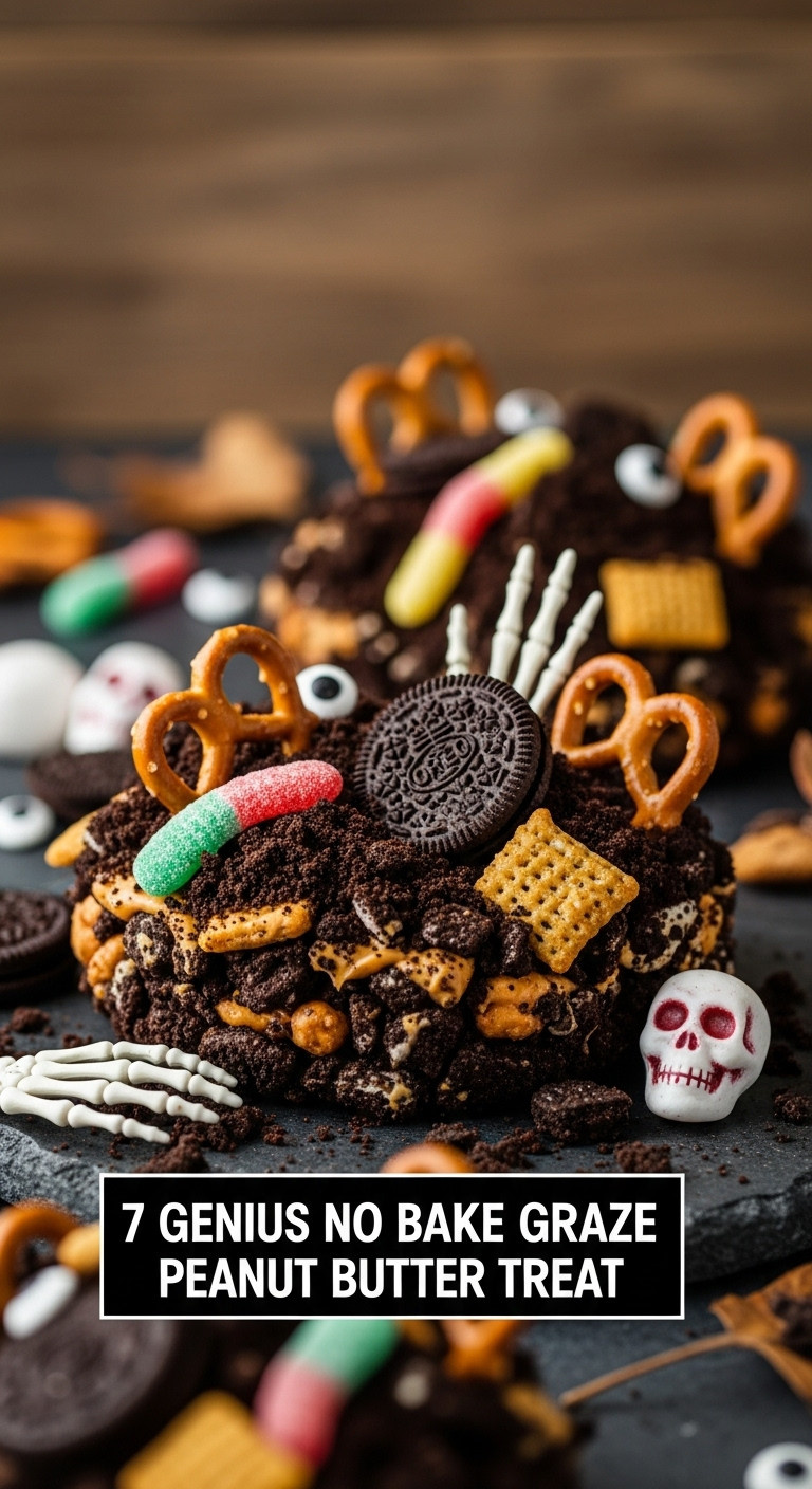 Graveyard Graze Peanut Butter Treat Halloween Mix: Oreo Dirt, Pretzel Fences, Gummy Worms, Candy Skulls. Spooky Dessert On Dark Stone.