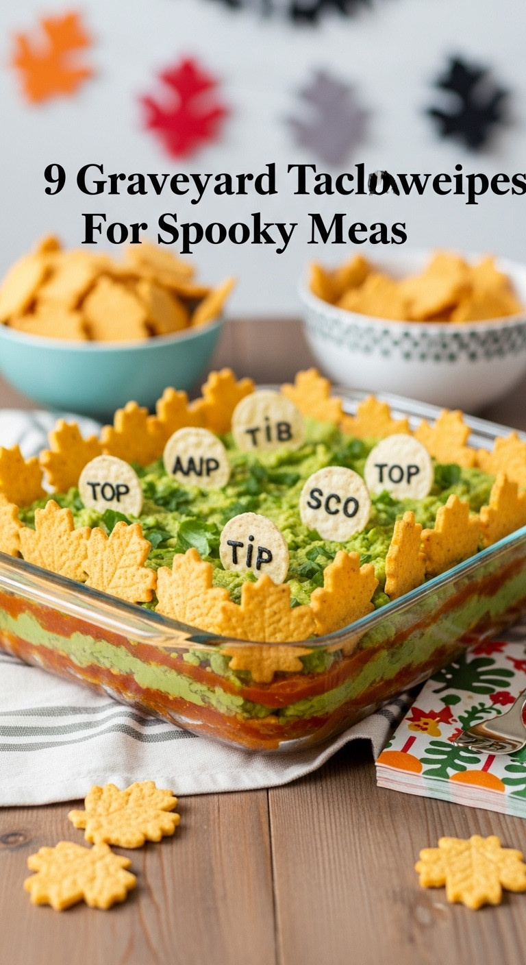 Graveyard Taco Dip With Guacamole Fall Leaf Tortilla Chips Tombstones In A Glass Baking Dish Perfect For Spooky Meals