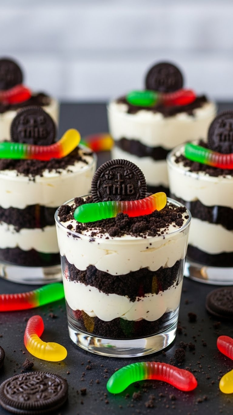 Graveyard Dirt Pudding Cups In Clear Glass Cups