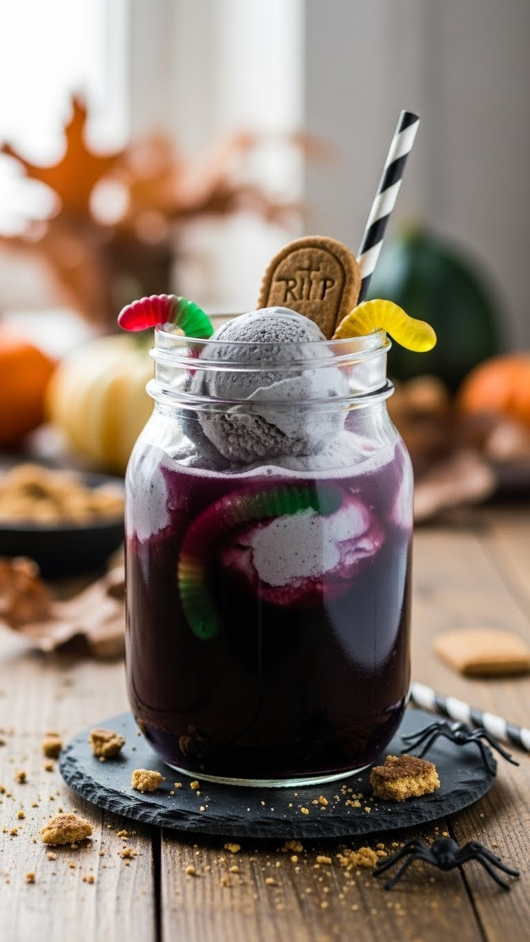 Graveyard Ghoul-Aid Layered Drink With Cookie Tombstone On Vanilla Ice Cream In Glass Jar.
