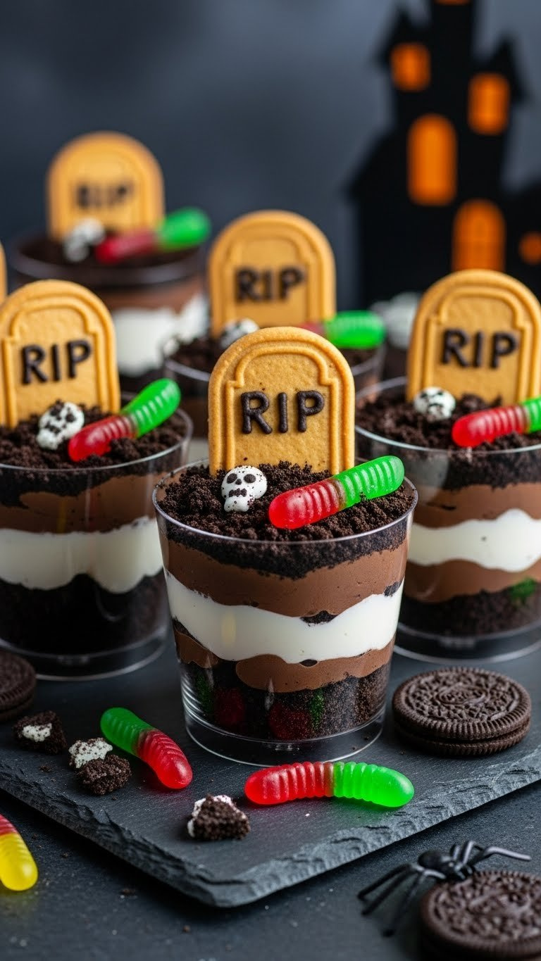 Graveyard Pudding Cups With Chocolate Pudding, Oreo Dirt, Tombstone Cookies And Gummy Worms On Dark Slate Surface