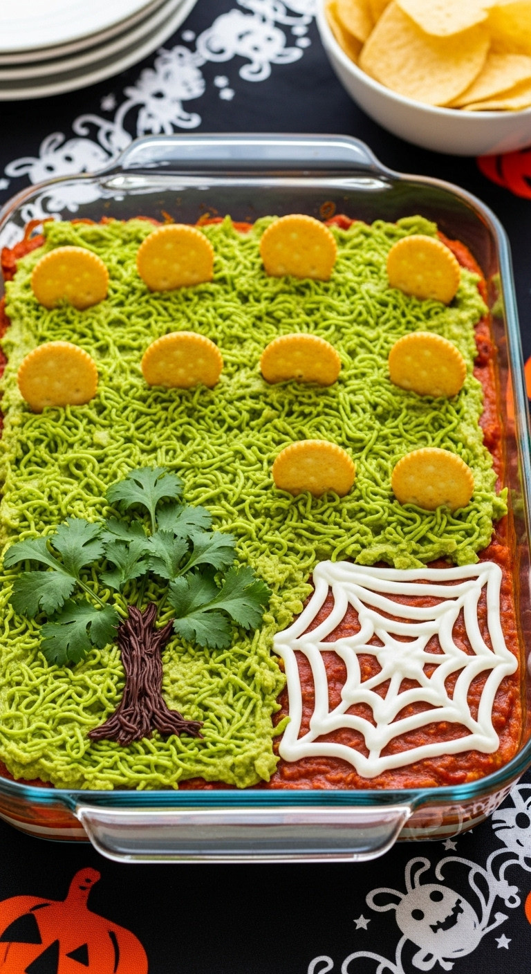 Graveyard Taco Dip With Guacamole Grass Cracker Tombstones And Sour Cream Spiderweb In A Glass Dish For A Halloween Crowd