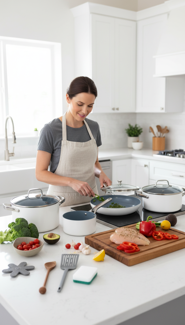 A Photo Showing The Greater Goods Cookware In Action On A Stovetop, With Eggs Frying In The Pan.