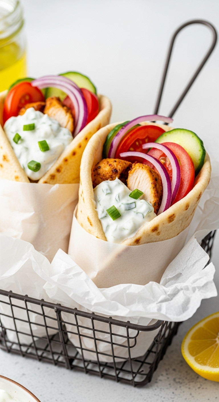 Greek Chicken Gyro Wraps With Tzatziki, Cucumber, Tomato, And Chicken In A Wire Basket With A Lemon Wedge