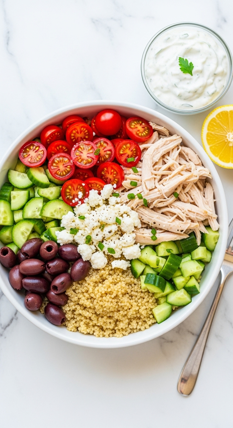 Greek Inspired Rotisserie Chicken Bowl With Quinoa Feta Cucumber Tomatoes Olives Tzatziki And Lemon