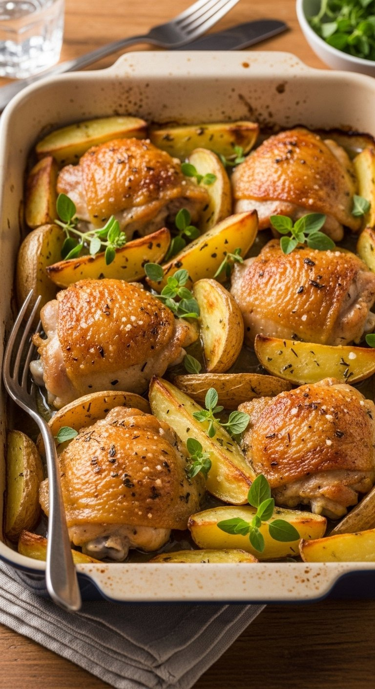 Greek Lemon Chicken And Potatoes Roasted To Golden Perfection In A Rustic Baking Dish With Fresh Oregano.