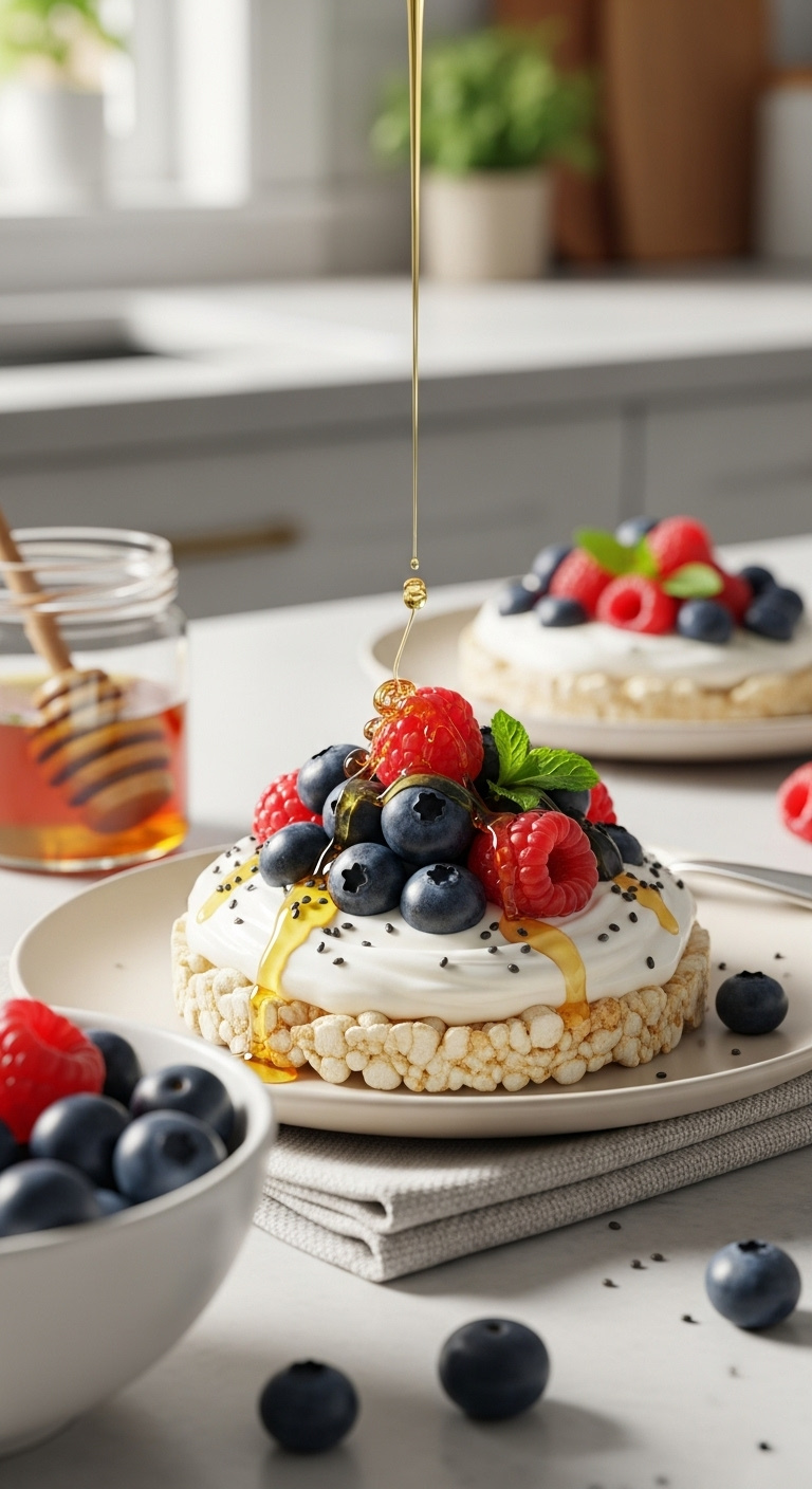 Greek Yogurt And Berry Rice Cake With Chia Seeds And Honey Drizzle On A Linen Napkin With A Bowl Of Berries And Honey Dipper