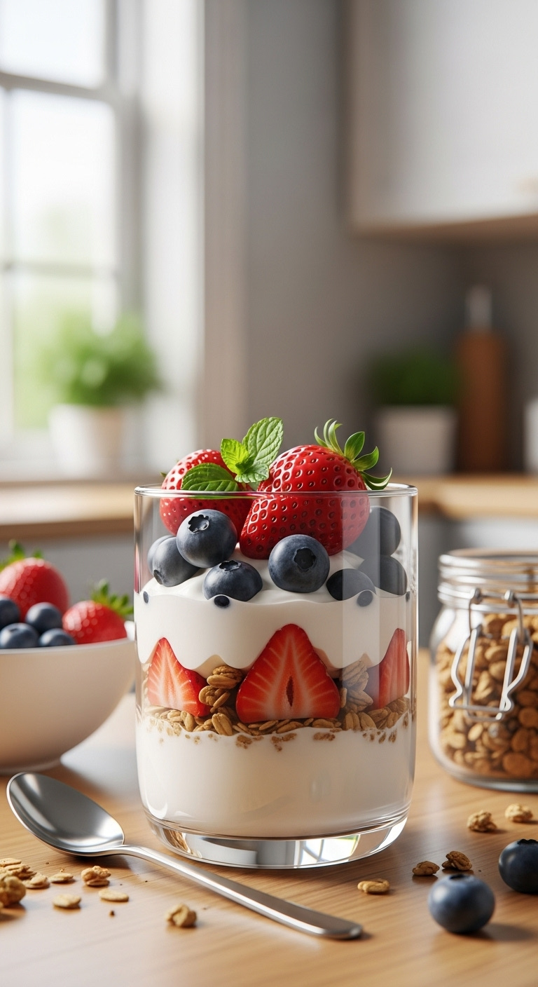 Greek Yogurt Parfait With Strawberries Blueberries And Granola On A Wooden Table With Fresh Berries And Granola Jar In Background