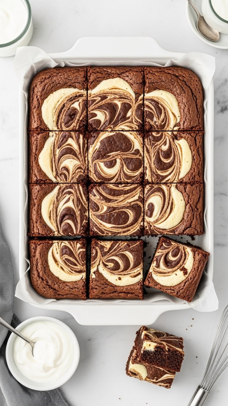 Greek Yogurt Swirl Brownies With Creamy White Pattern On White Marble Baking Dish