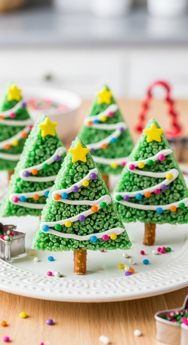 Green Christmas Tree Rice Krispie Treats Decorated With White Icing And Colorful Sprinkle Ornaments On A White Serving Platter.