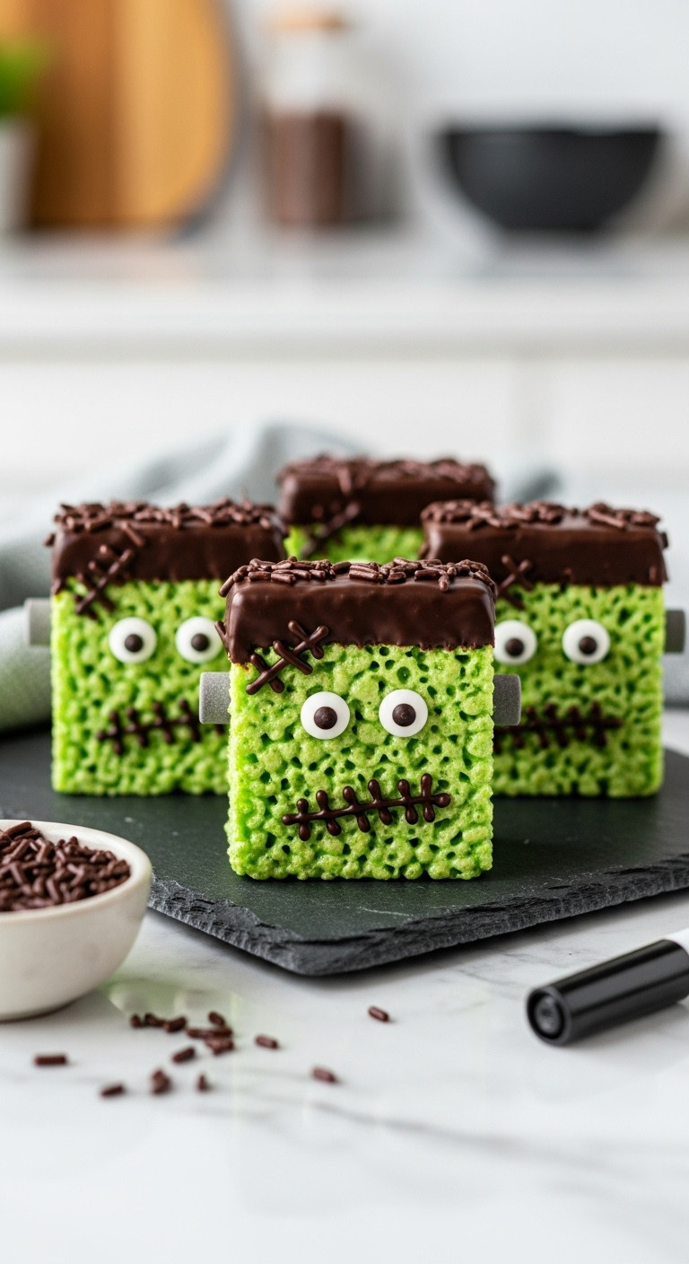 Green Frankenstein Crispy Treat Bars With Chocolate 'Hair', Candy Eyes, And Stitched Mouths. Spooky Halloween Dessert Platter.