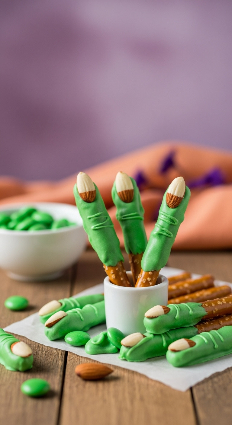 Green Witch Finger Pretzels With Almond Fingernails, Glossy Candy Melts On A Rustic Table With A Blurred Halloween Backdrop.