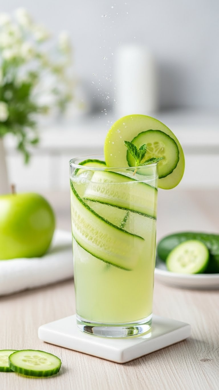 Green Apple Cucumber Detox Fizz In Slender Glass With Cucumber Ribbons And Apple Slice On White Coaster