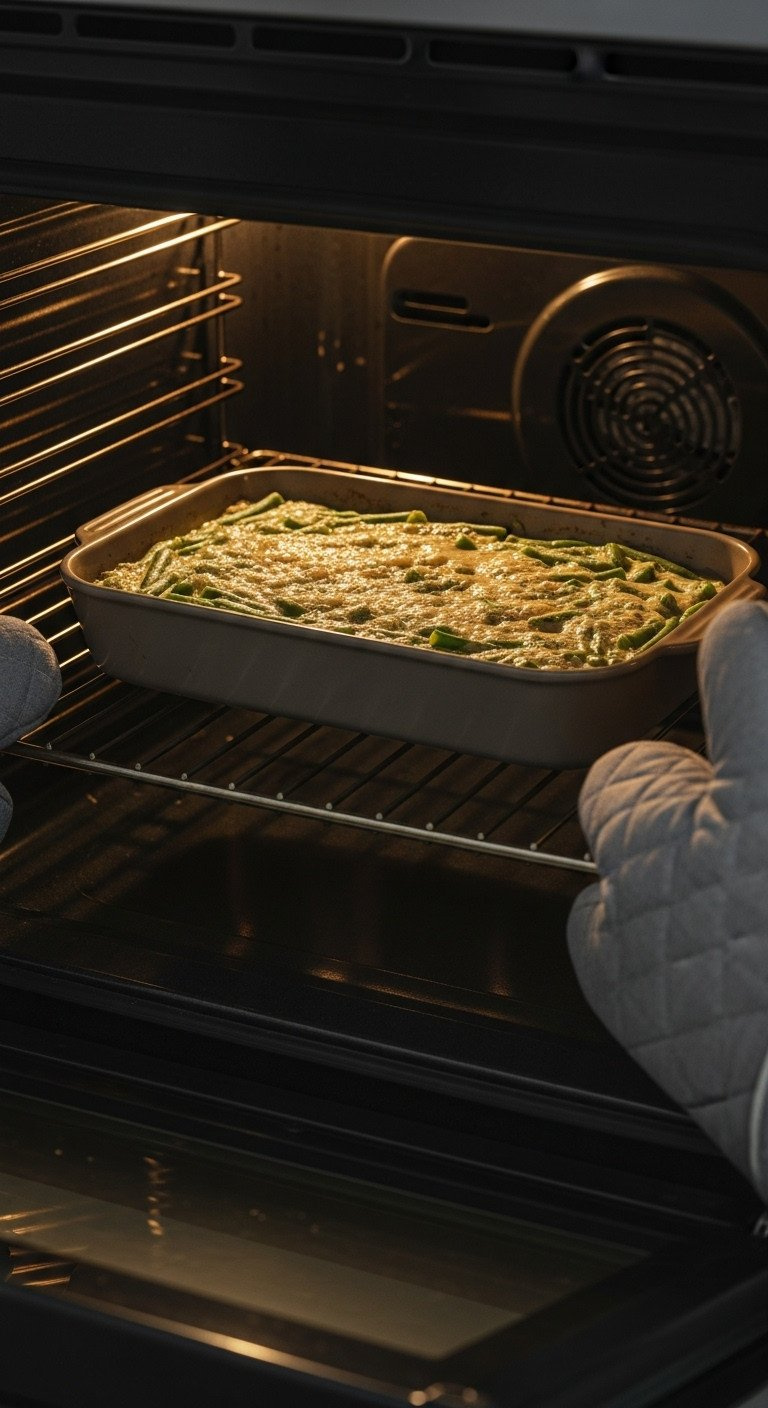 Green Bean Casserole Bubbling Gently With Warm Light, Baking On The Middle Rack Of A Clean Oven.