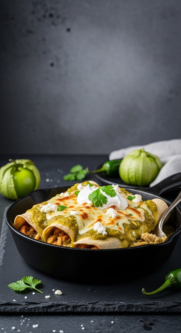 Green Chile Chicken Enchiladas Smothered In Vibrant Salsa Verde Sauce Topped With Queso Fresco And Mexican Crema.