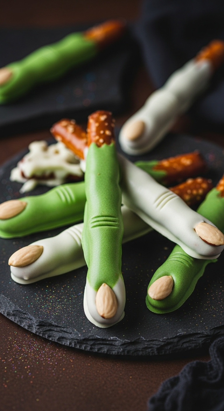 Green Chocolate-Coated Vegan Witch Finger Pretzel Sticks With Almond Fingernails On A Dark Slate Platter For Halloween.