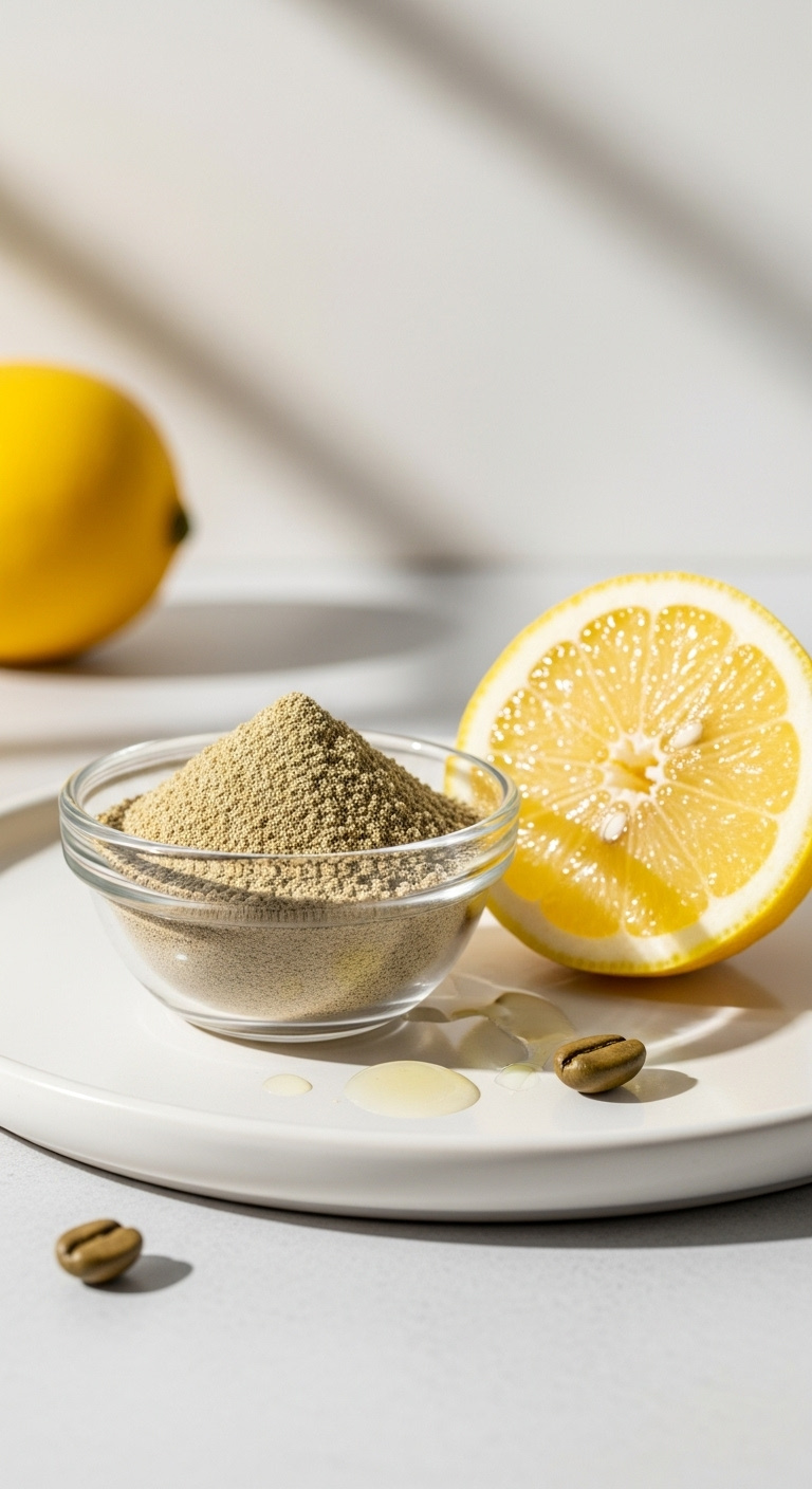Green Coffee Bean Extract Powder In A Bowl Next To A Freshly Sliced Lemon On A White Plate For A Refreshing Drink Recipe