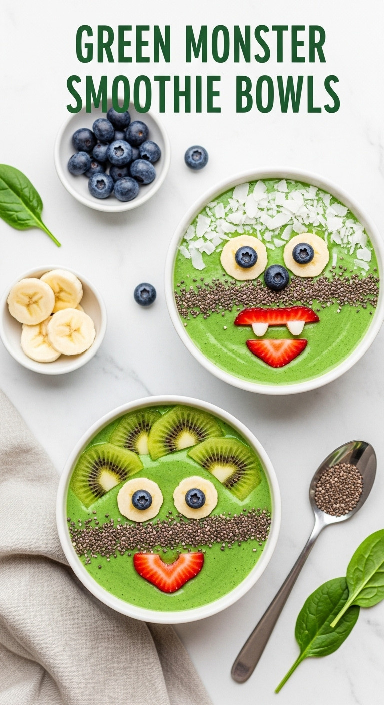 Green Monster Smoothie Bowls Decorated With Fruit Eyes And Toppings For A Spooky Halloween Brunch