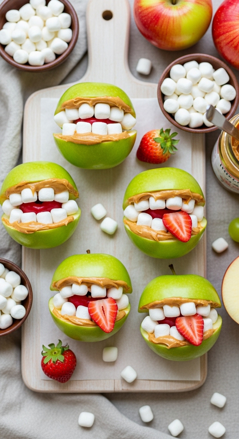 Green &Amp; Red Apple Monster Mouths With Peanut Butter, Marshmallow Teeth, And Fruit Tongues On A Wooden Board.