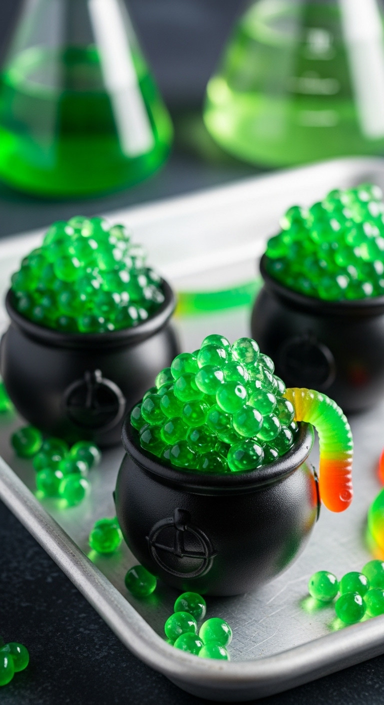 Green Slime Jello Shots In Cauldron Cups With Popping Boba And A Gummy Worm Perfect For Mad Scientist Halloween Recipes