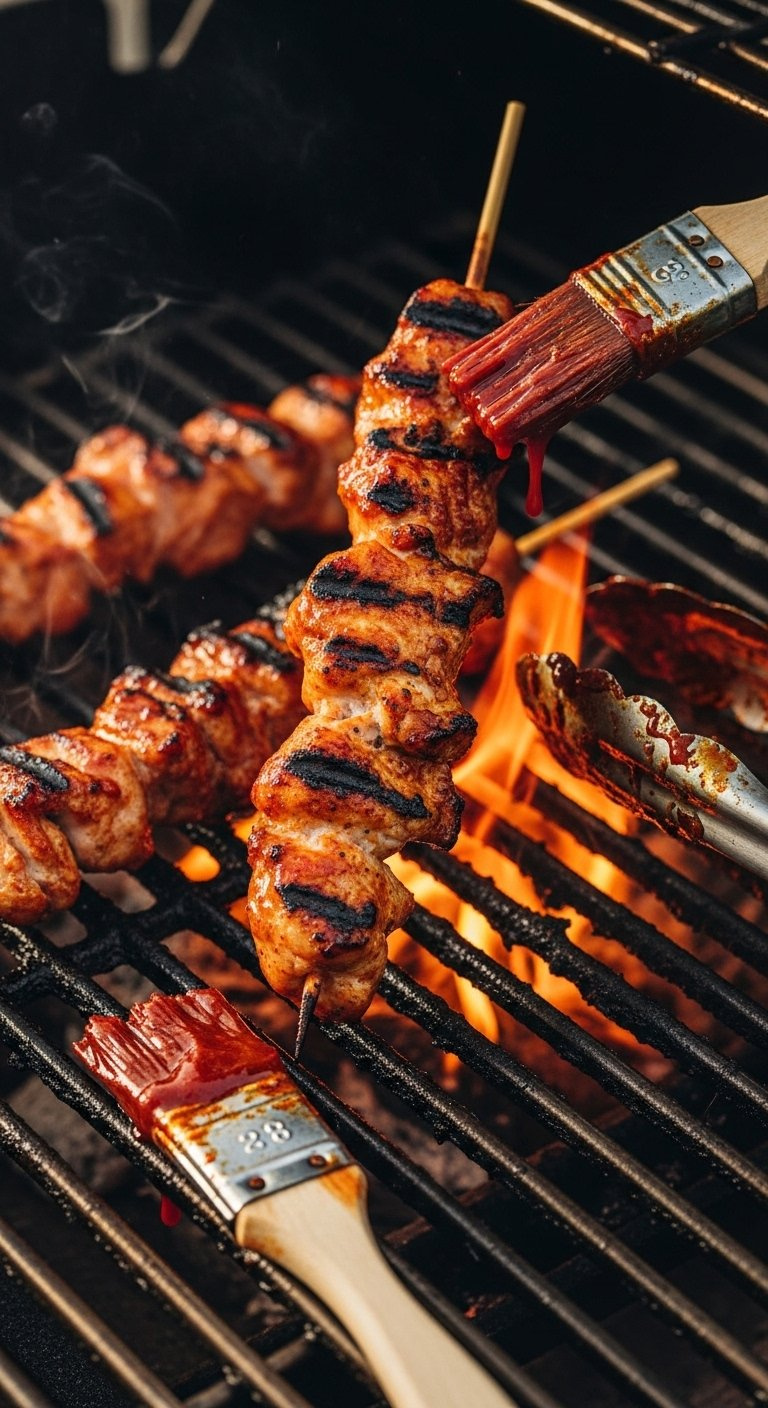 Grilled Gochujang Chicken Skewers With Smoky Glaze Resting On Bbq Grates Beside Basting Tools.