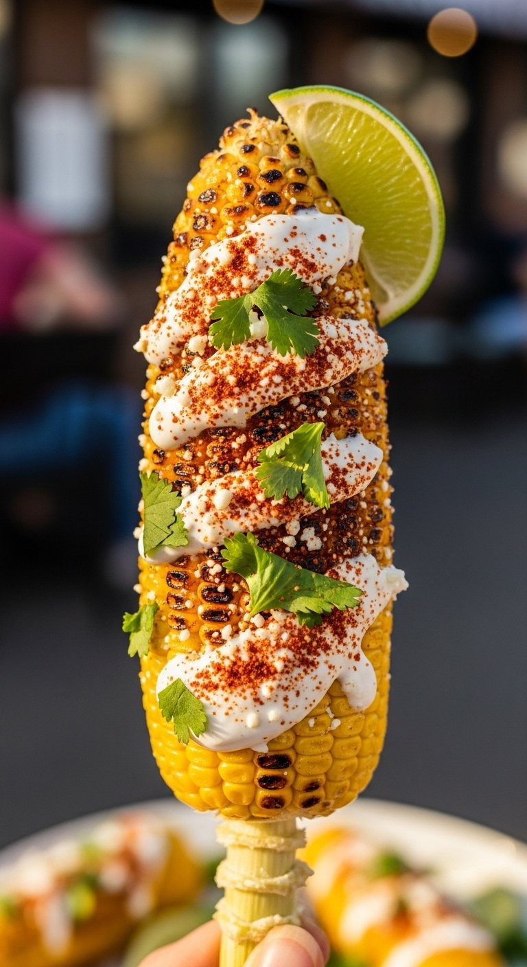 Grilled Mexican Street Corn Elotes Slathered In Creamy Sauce And Sprinkled With Cheese.