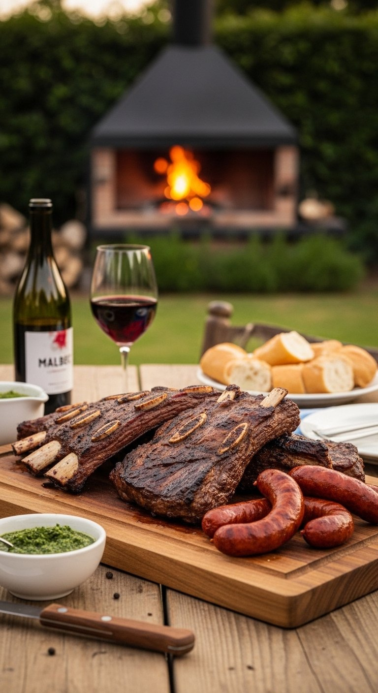 Grilled Beef Ribs And Chorizo Served On A Rustic Wooden Board With Chimichurri, Wine, And Bread In A Sunny Garden.