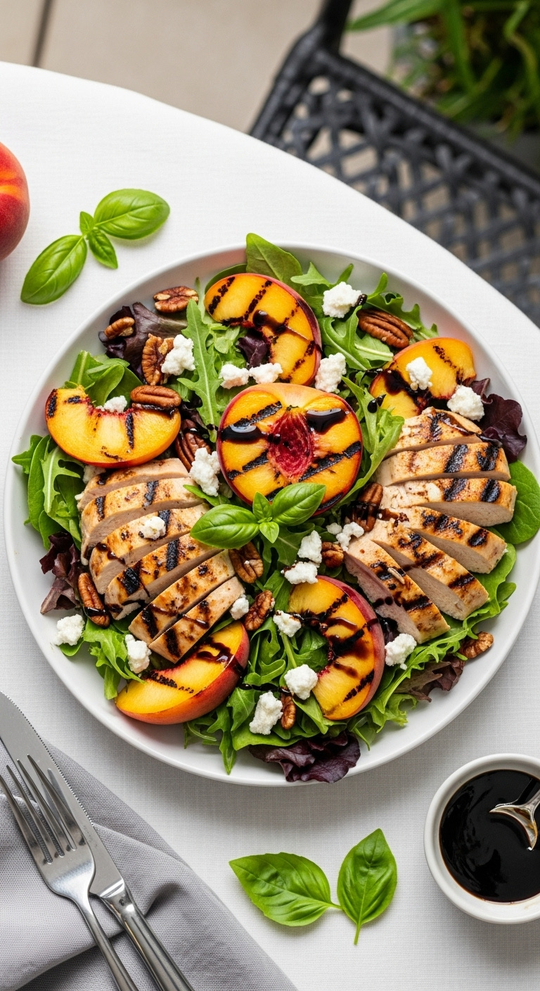 Grilled Chicken And Peach Salad With Balsamic Glaze On A White Plate With Fresh Greens And Goat Cheese