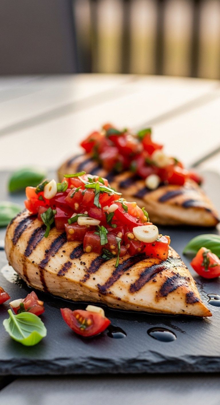 Grilled Chicken Breast Topped With Fresh Bruschetta Salsa Of Tomatoes, Basil, And Balsamic Glaze.
