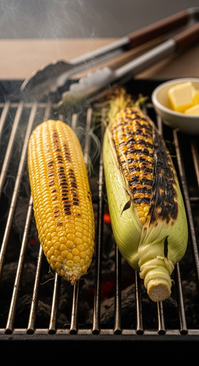Grilled Corn On The Cob On Hot Metal Grate; Shucked, Charred Ear And Husked Ear, With Tongs And Butter For Bbq.