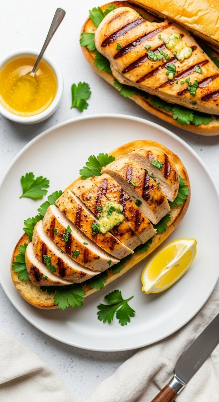 Grilled Garlic Butter Chicken Sandwich On Toasted Sourdough With Fresh Herbs And Lemon Garnish.