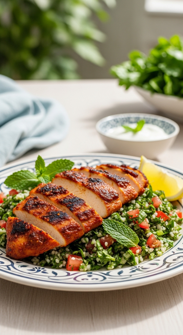 Grilled Harissa Chicken Slices On Vibrant Green Tabbouleh Salad With Yogurt Dip And Lemon On A Patterned Ceramic Plate