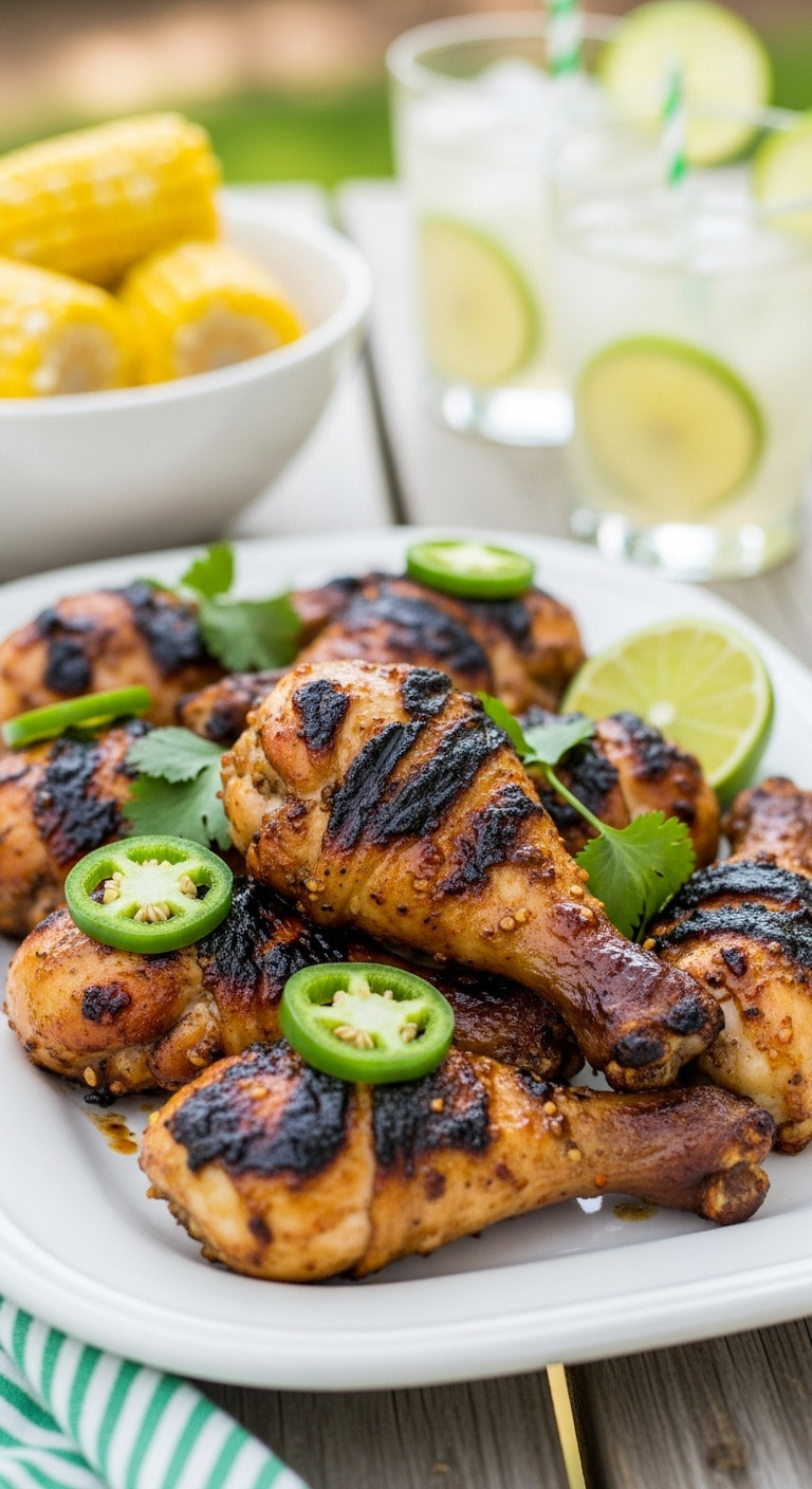 Grilled Jalapeño Lime Chicken Drumsticks With A Beautiful Char And Glaze Garnished With Cilantro And Lime Wedges