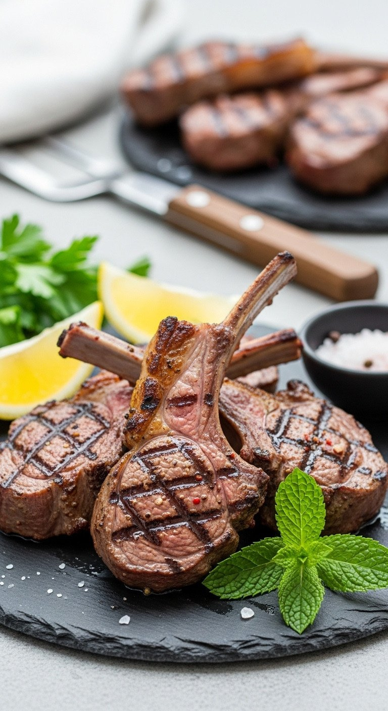 Grilled Lamb Loin Chops, Dark Sear Marks, Pink Interior, With Fresh Mint &Amp; Lemon On A Dark Slate Plate.