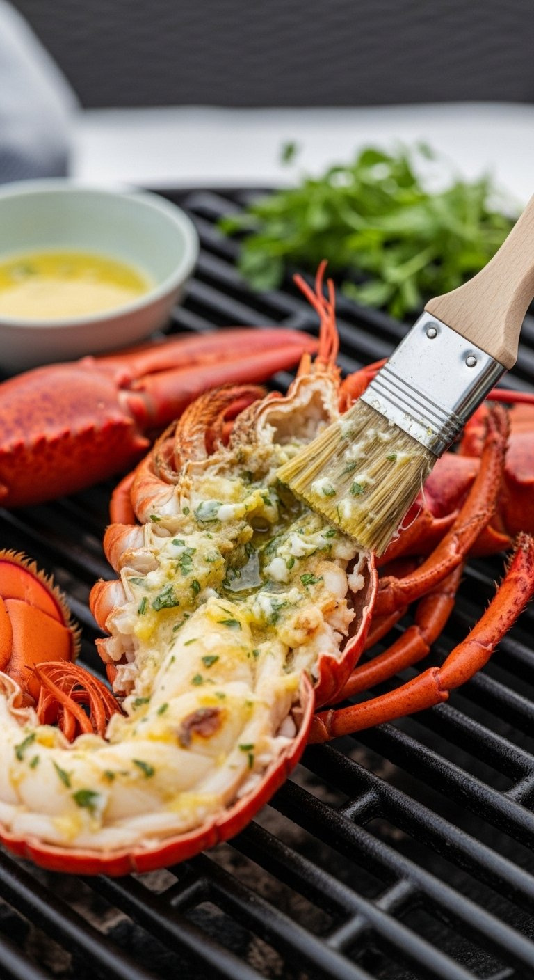 Grilled Lobster Half Being Brushed With Glistening Lemon-Herb Butter On A Barbecue Grate During Outdoor Cooking.