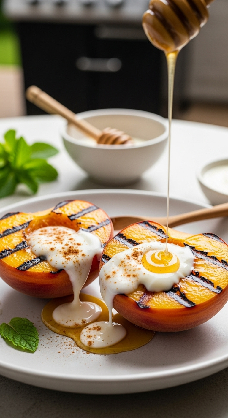 Grilled Peach Halves With Char Marks And Honey-Yogurt Drizzle On A Ceramic Plate With Mint