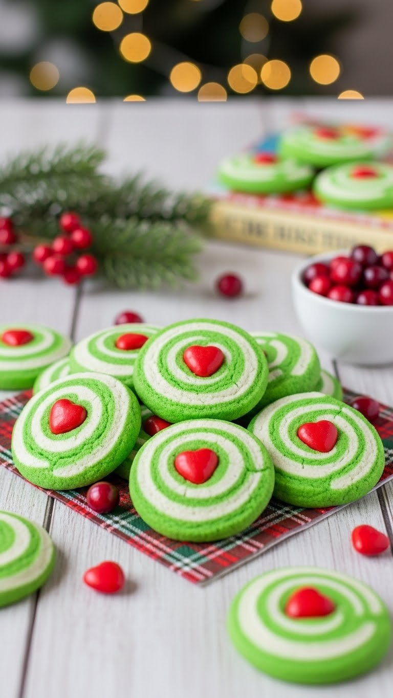 Grinch-Inspired Swirl Cookies With Green And White Patterns And Red Candy Hearts Piled On A Festive Plaid Napkin