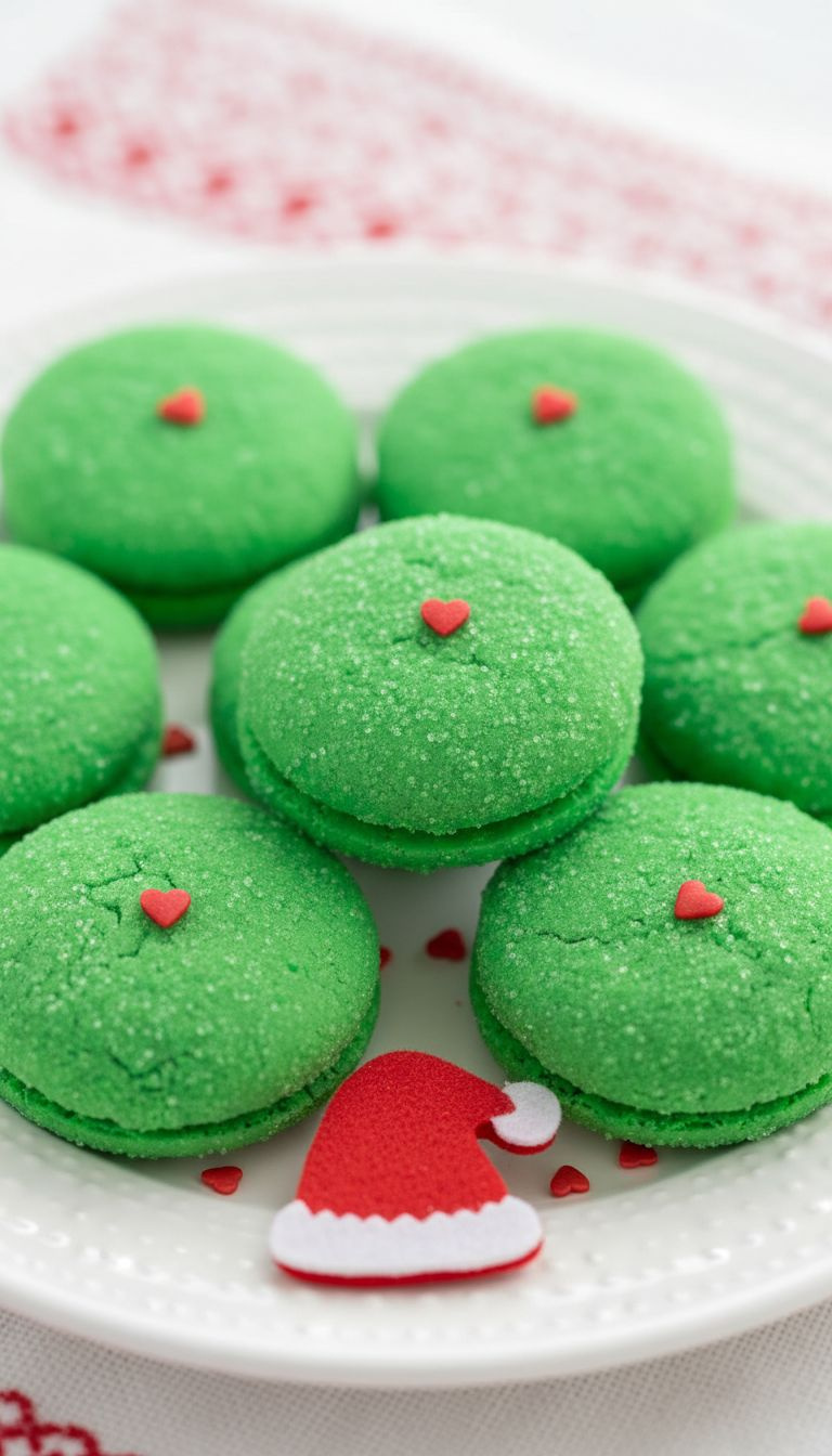 Grinch-Themed Green Candy Melt Oreos: Vibrant Neon Green Coating, Red Heart. Festive Holiday Cookies On A White Plate.