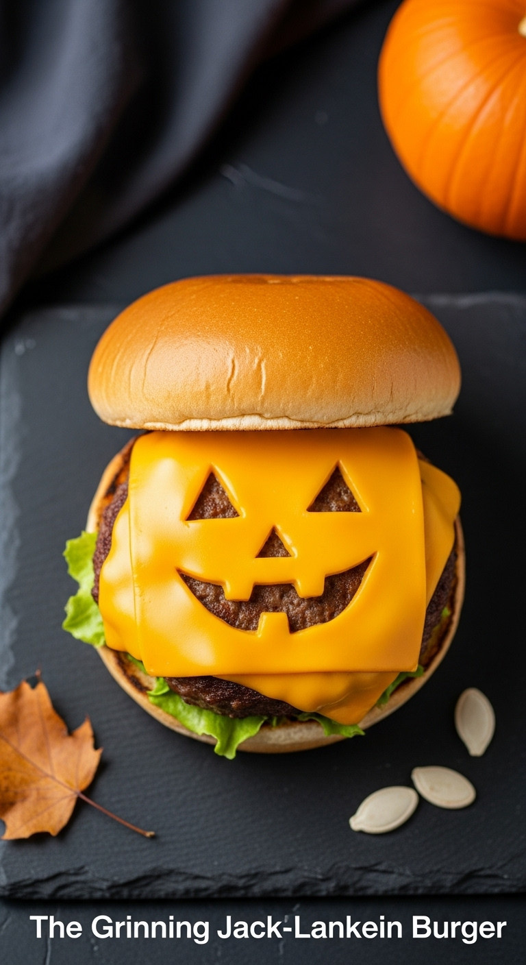Grinning Jack-O-Lantern Burger With Carved Cheese Face Melted Over A Juicy Patty On A Toasted Bun With Autumn Leaf And Pumpkin Seeds
