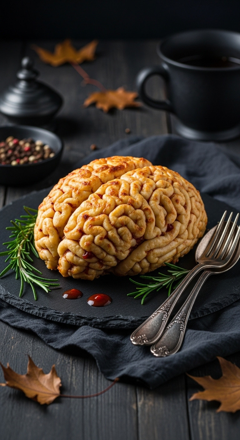 Grotesque Yet Appetizing Baked Brain Mac And Cheese With Golden Crust, Rosemary 'Spinal Cord' On Dark Slate, Eerie Halloween Food.